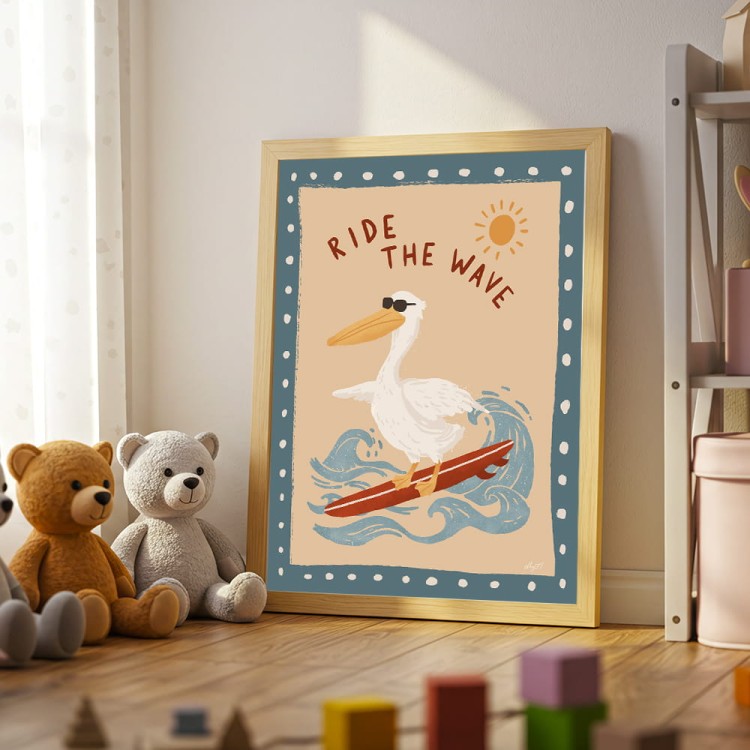 plakat pelikan na fali w drewnianej ramce w pokoju dziecka