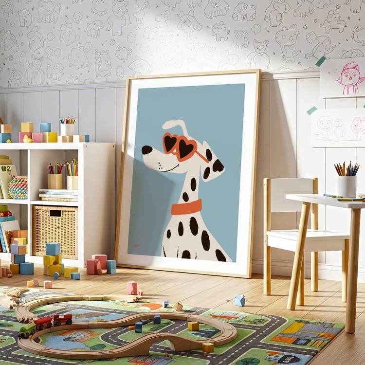 plakat stylowy dalmatyńczyk z białym obramowaniem w drewnianej ramie