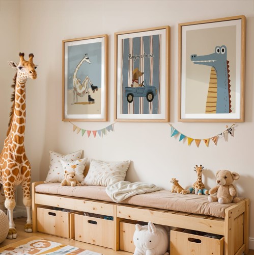 galeria plakatów zwierzaki łobuziaki z białym obramowaniem w pokoju dziecięcym