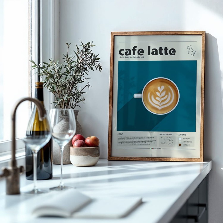 plakat cafe latte w drewnianej ramie