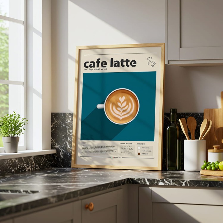 plakat cafe latte w drewnianej ramie w kuchni