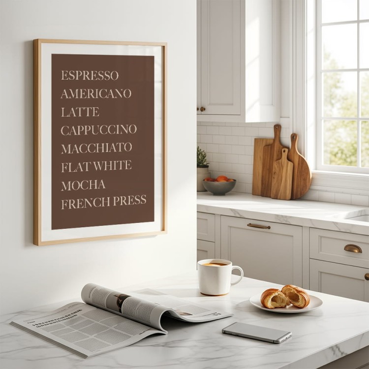plakat espresso cappuccino z białym obramowaniem w drewnianej ramie