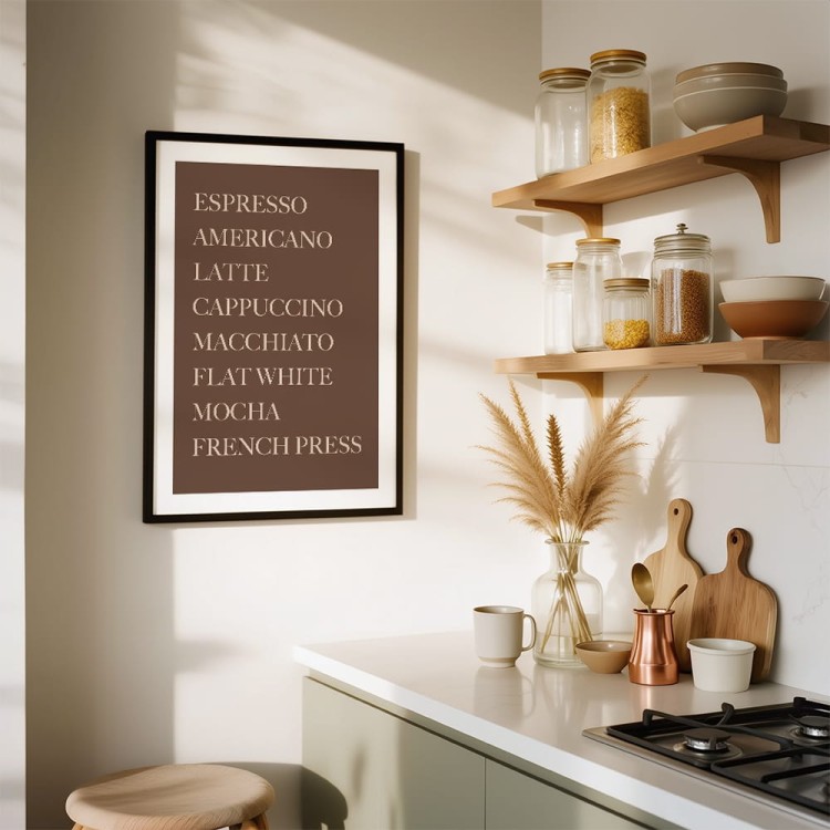 plakat espresso cappuccino z białym obramowaniem w kuchni