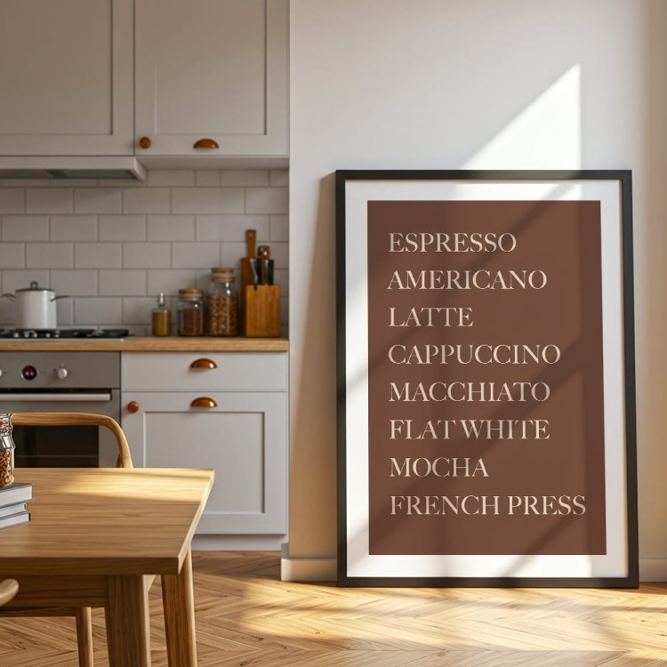 plakat espresso cappuccino z białym obramowaniem w czarnej ramie