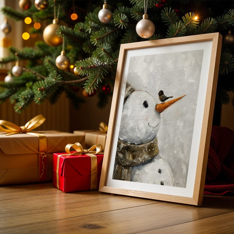 plakat zimowa przyjaźń z białym obramowaniem w drewnianej ramie