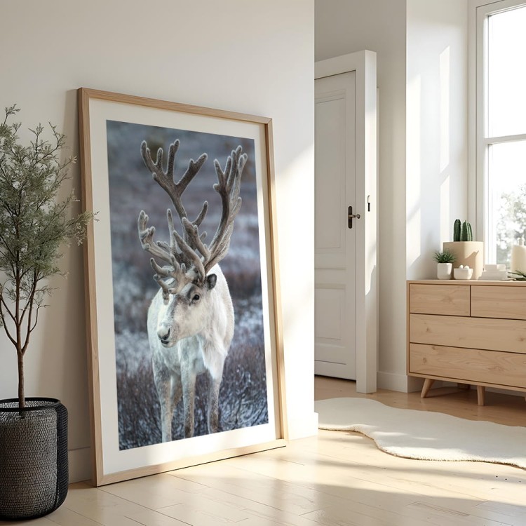 plakat zimowy renifer z białym obramowaniem w salonie w drewnianej ramie