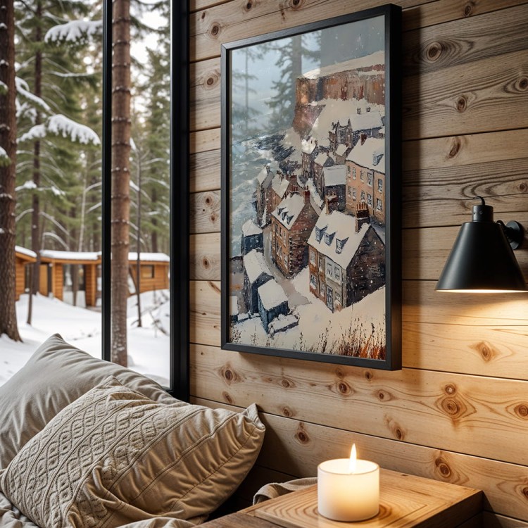 plakat nadmorska zima w domku letniskowym