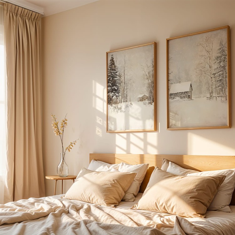 galeria plakatów zimowa cisza w sypialni w drewnianych ramach