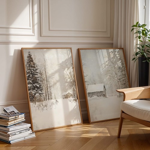 galeria plakatów zimowa cisza w drewnianych ramach