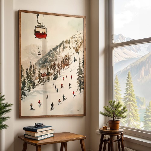 plakat na stoku w domku w górach