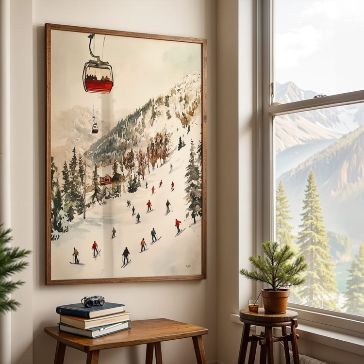 plakat na stoku w domku w górach