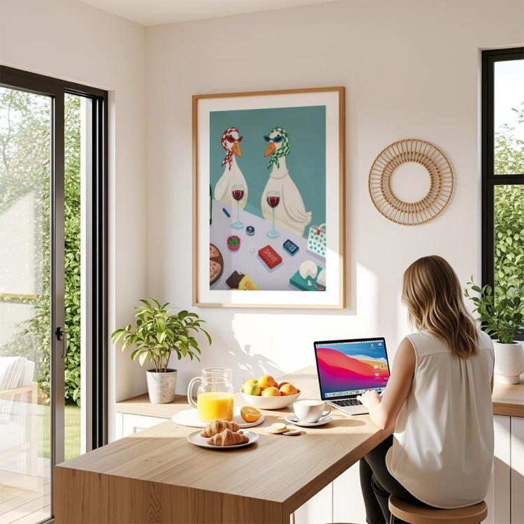 plakat gęsie pogaduszki z białym obramowaniem w drewnianej ramie dekoracja ścienna