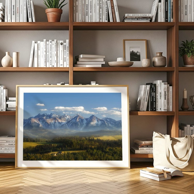 plakat tatry widok na tatry z białym obramowaniem w pokoju