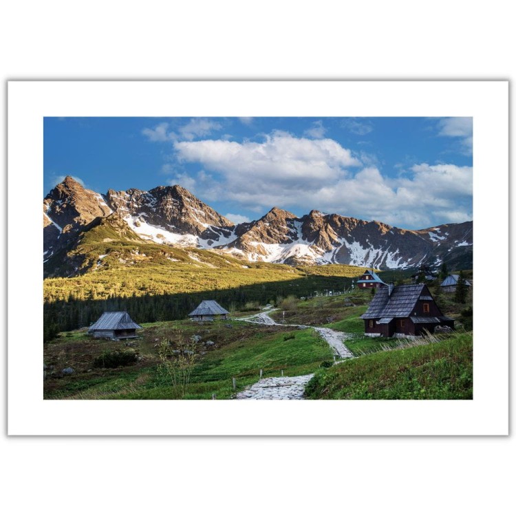 plakat tatry hala gąsienicowa o poranku z białym obramowaniem