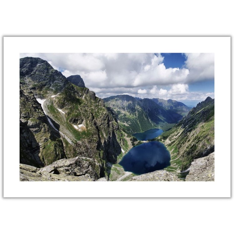 plakat tatry czarny staw z białym obramowaniem