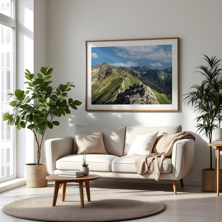 plakat tatry widok z kasprowego wierchu z białym obramowaniem w salonie