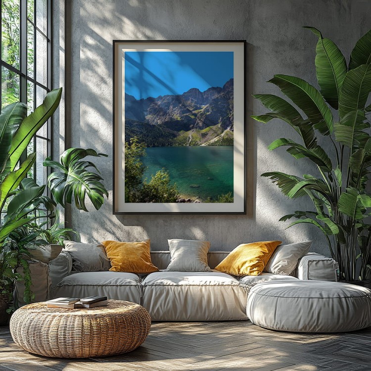 plakat tatry morskie oko z białym obramowaniem w salonie