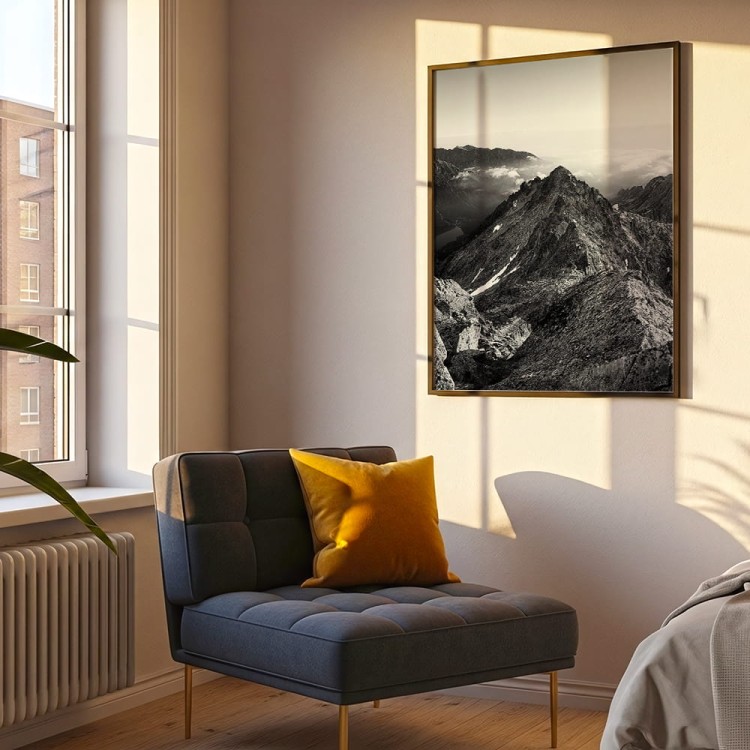 plakat tatry widok z rysów w czerni i bieli w sypialni