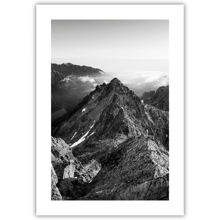 plakat tatry widok z rysów w czerni i bieli z białym obramowaniem