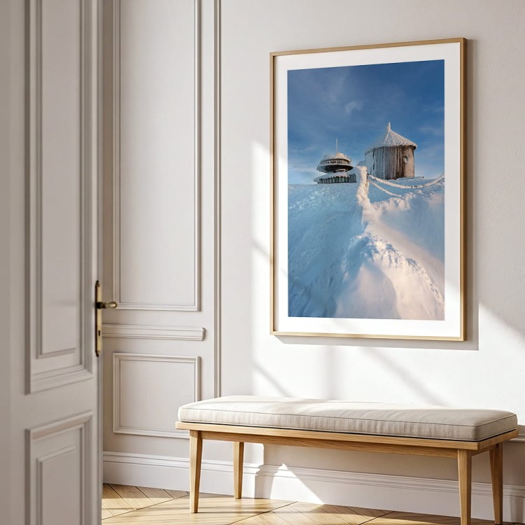 plakat karkonosze cisza śnieżki z białym obramowaniem w przedpokoju duży format