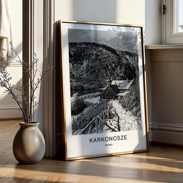 plakat karkonosze polska schronisko nad małym stawem w drewnianej ramie