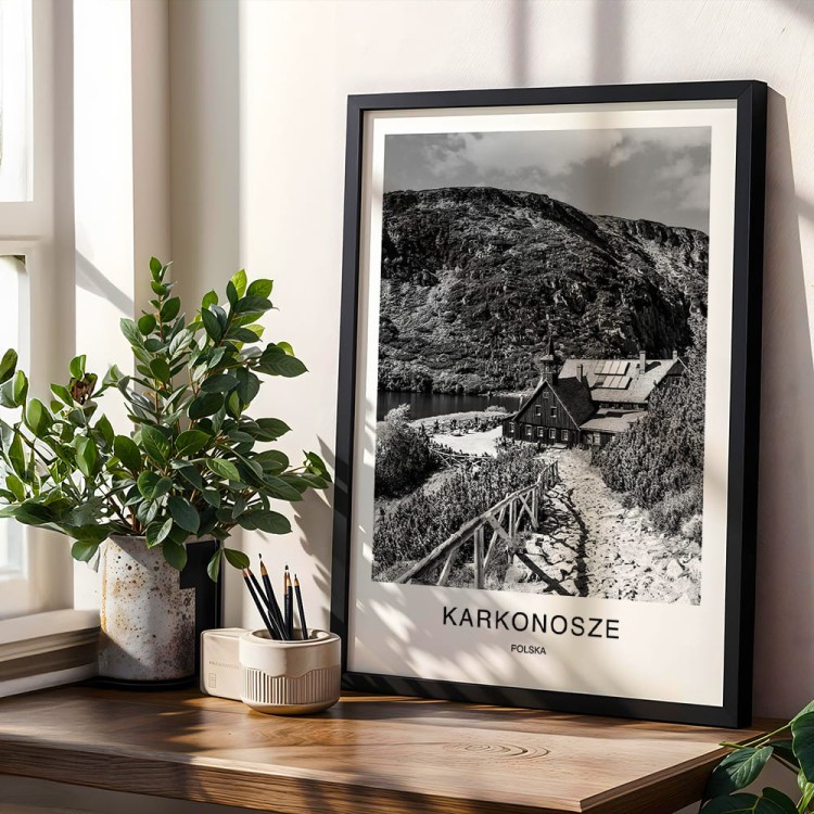 plakat karkonosze polska schronisko nad małym stawem w czarnej ramie na komodzie