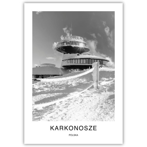 plakat karkonosze polska obserwatorium na śnieżce w śniegu