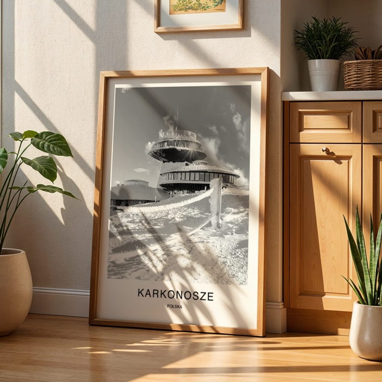 plakat karkonosze polska obserwatorium na śnieżce w śniegu w drewnianej ramie
