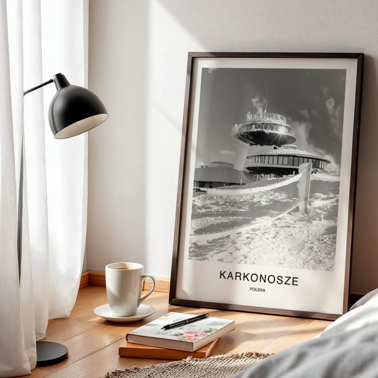 plakat karkonosze polska obserwatorium na śnieżce w śniegu w czarnej ramie w sypialni