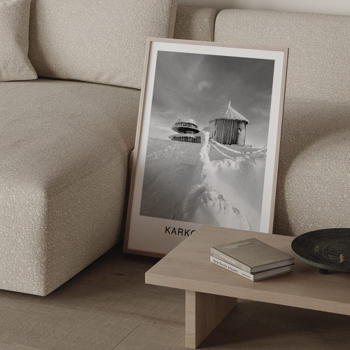 plakat karkonosze polska zimowy krajobraz na śnieżce w jasnej ramie w salonie