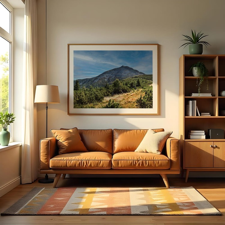 plakat karkonosze śnieżka z białym obramowaniem w salonie