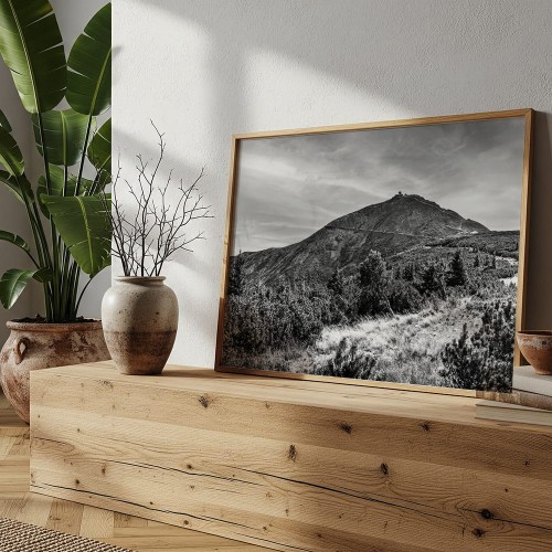 plakat karkonosze śnieżka w czerni i bieli w salonie