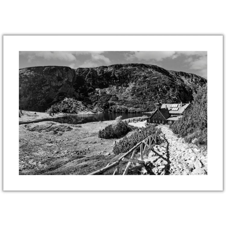 plakat karkonosze samotnia w czerni i bieli z białym obramowaniem