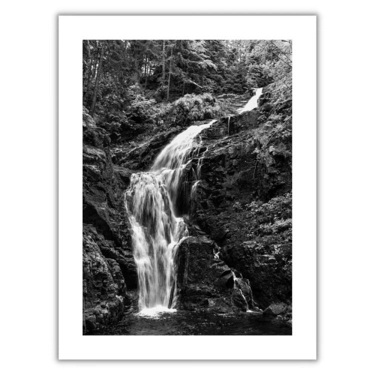 plakat karkonosze wodospad kamieńczyka w czerni i bieli z białym obramowaniem