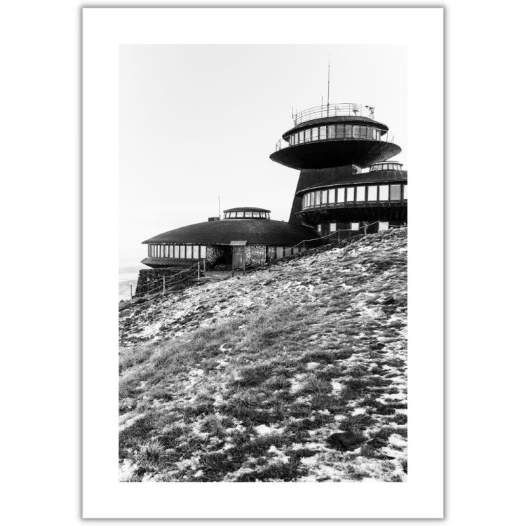 plakat karkonosze zmierzch na śnieżce w czerni i bieli z białym obramowaniem