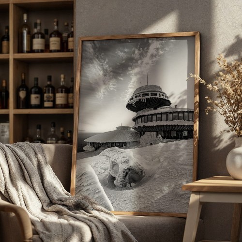 plakat karkonosze obserwatorium na śnieżce w czerni i bieli dekoracja ścienna