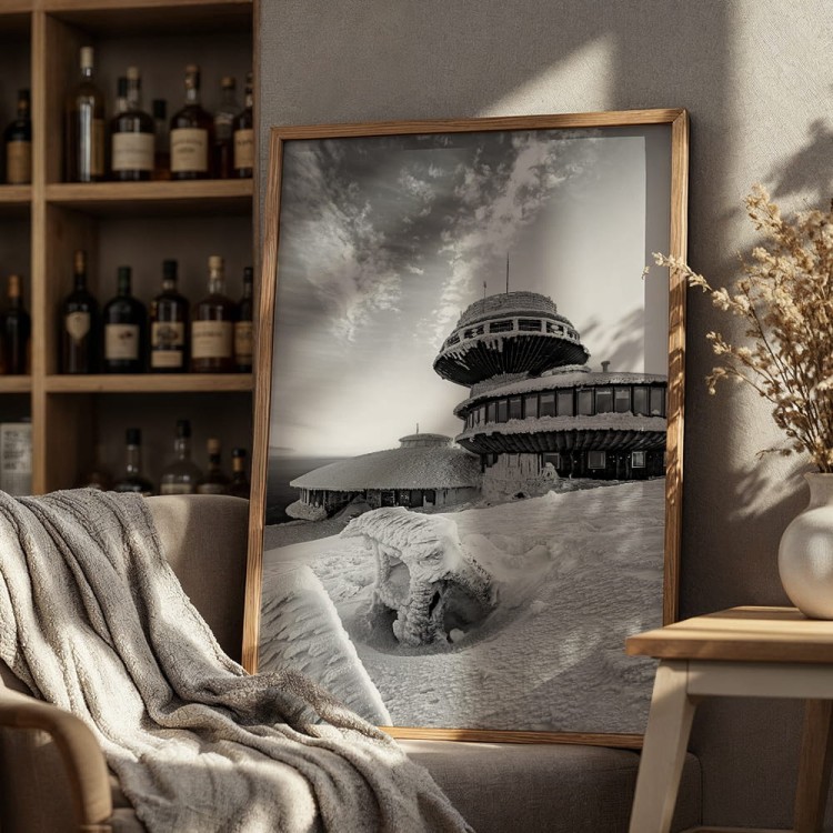plakat karkonosze obserwatorium na śnieżce w czerni i bieli dekoracja ścienna