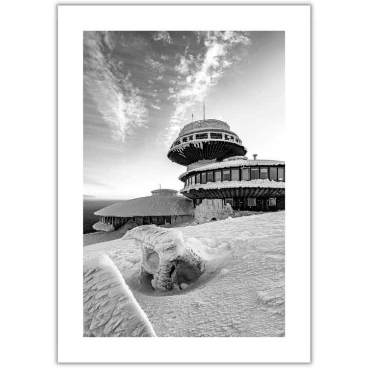plakat karkonosze obserwatorium na śnieżce w czerni i bieli z białym obramowaniem