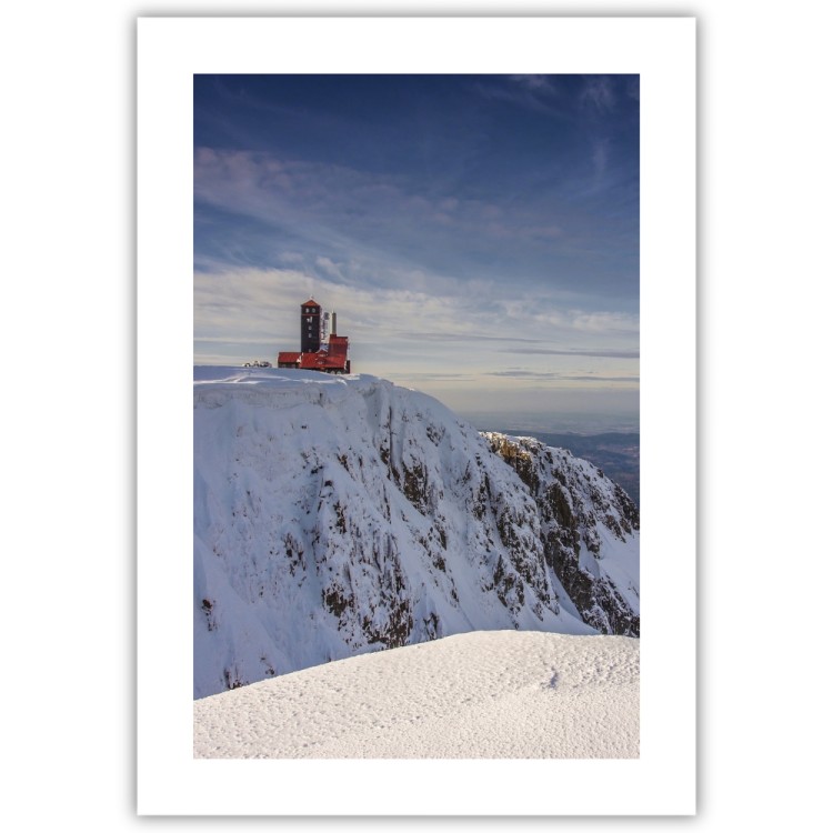 plakat karkonosze śnieżne kotły zimą z białym obramowaniem