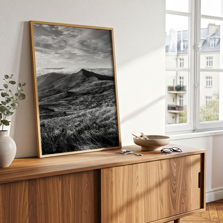 plakat bieszczady połonina w czerni i bieli w salonie