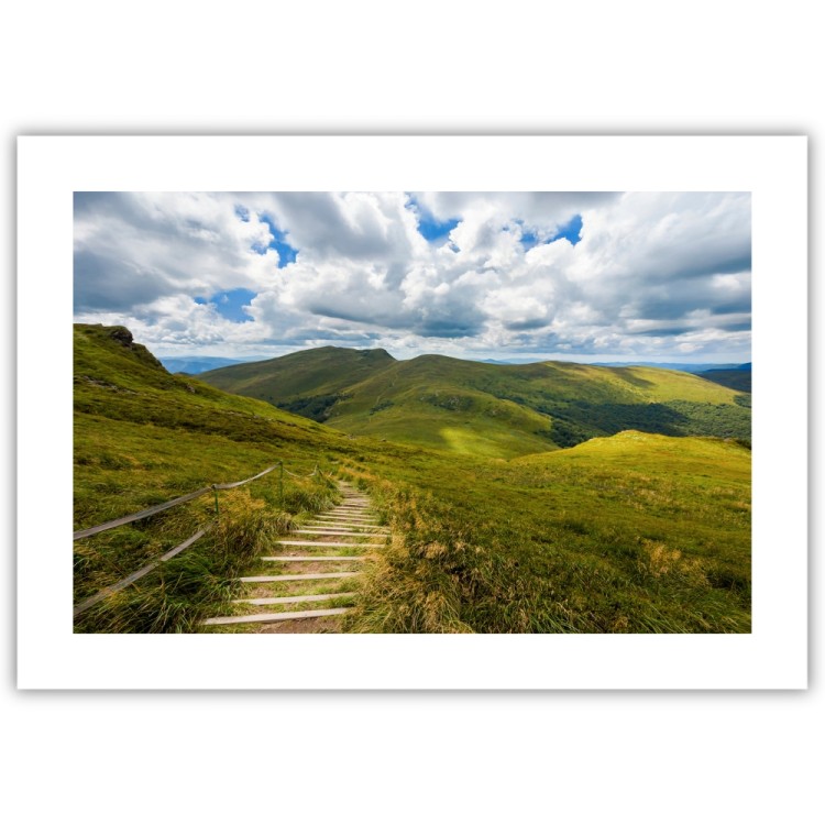 plakat bieszczady szlak na zielonej połoninie z białym obramowaniem