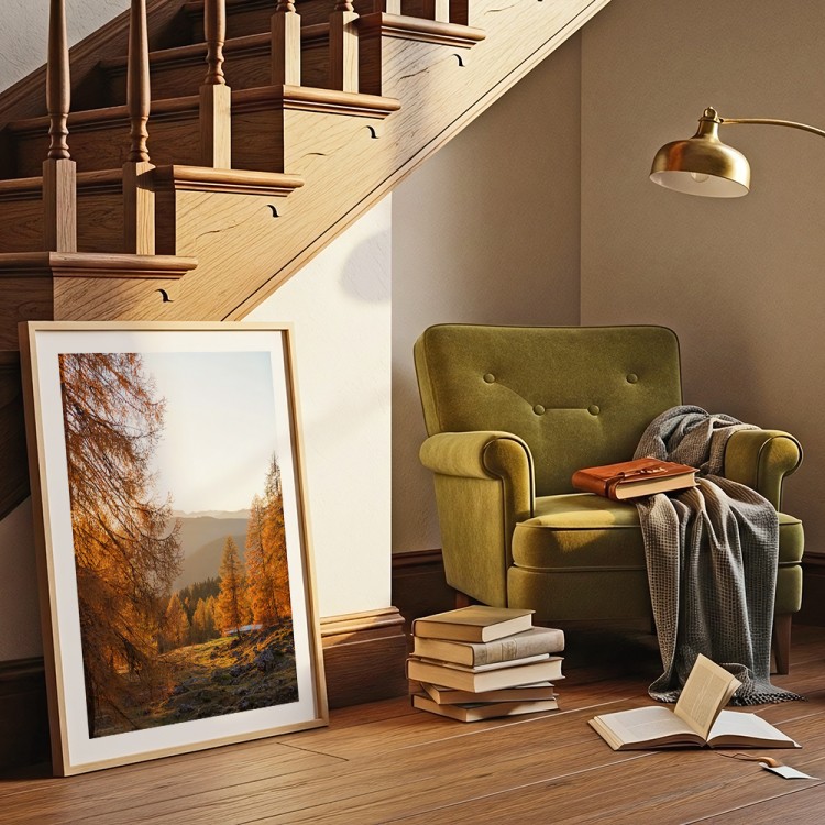 plakat beskidy jesień w górach z białym obramowaniem w salonie