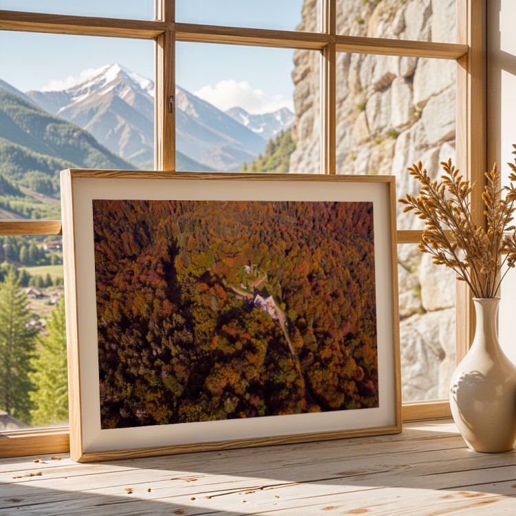 plakat beskidy jesień na jaworzynie krynickiej z białym obramowaniem w drewnianej ramie