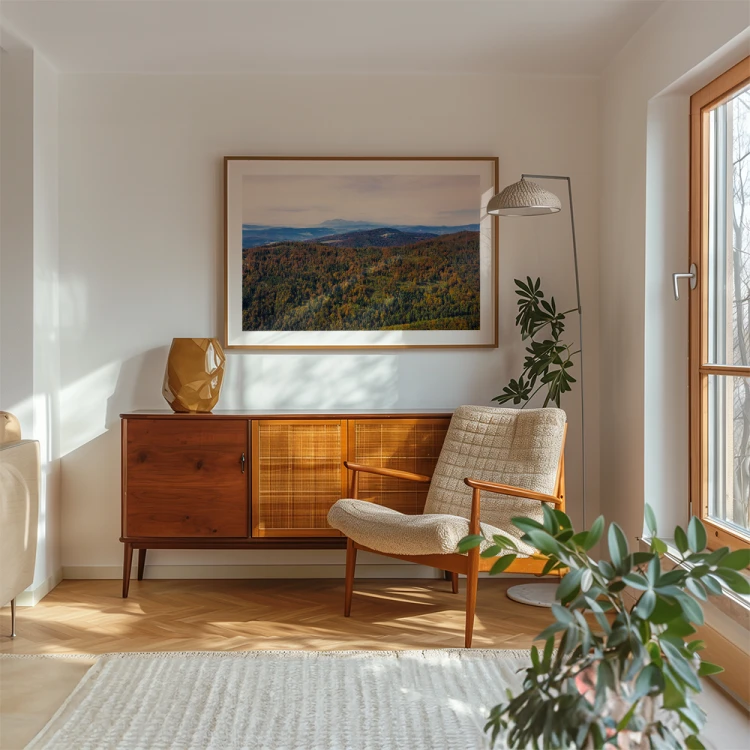 plakat beskidy jesień w beskidzie sądeckim z białym obramowaniem w salonie