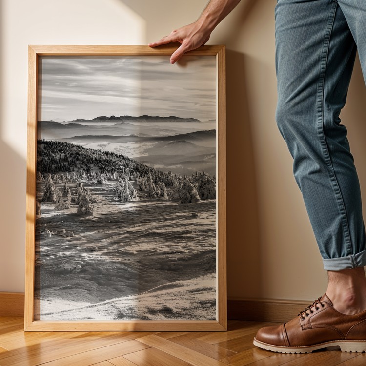 plakat beskidy zimowa panorama gór w drewnianej ramie