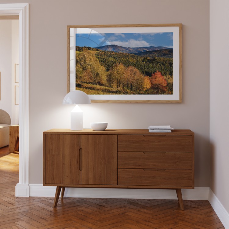 plakat beskidy panorama beskidów z białym obramowaniem nad komodą dekoracja ścienna