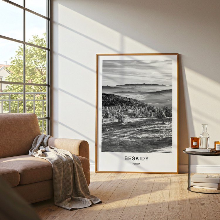 plakat beskidy polska zima w beskidzie żywieckim z napisem