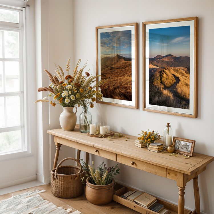 galeria plakatów bieszczady złote połoniny z białym obramowaniem w przedpokoju