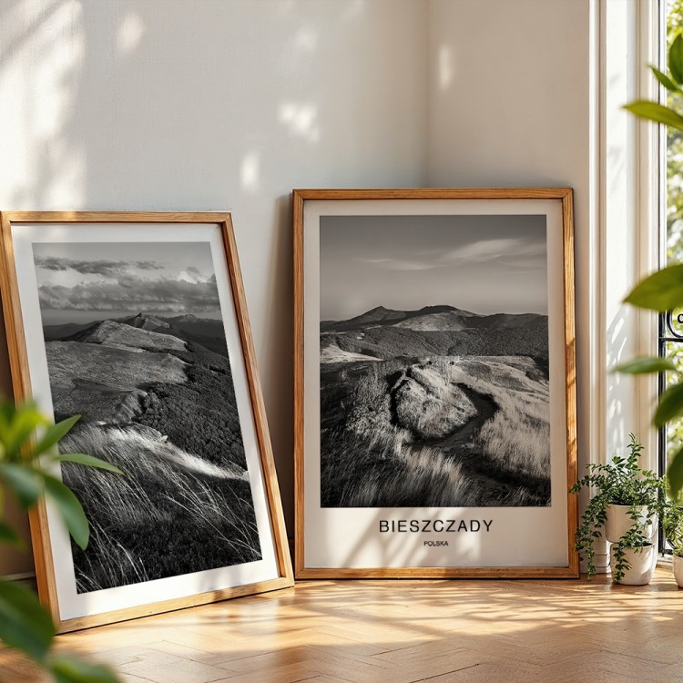 galeria plakatów bieszczady surowe kadry z białym obramowaniem w drewnianej ramie