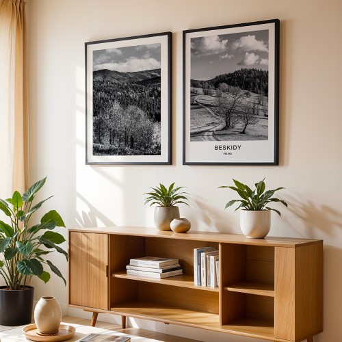 galeria plakatów beskidy czarno biały pejzaż z białym obramowaniem w salonie